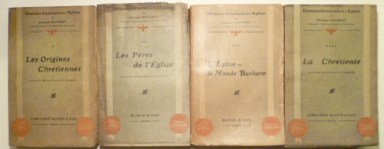 MOURRET Fernand,Histoire générale de l'Église. Tome I: Les Origines chrétiennes; Tome II: Les Pères de l'Eglise, Ive et Ve siècles; Tome III: L'Eglise et le Monde barbare; Tome IV: La Chrétienté (Du Xe au XIVe siècle); Tome V: La Renaissance et la Réforme; Tome VI: L'Ancien Régime (XVIIe et XVIIIe siècles); Tome VII: L'Eglise et la Révolution (1775 23); Tome VIII: L'Eglise contemporaine, première partie (1823 78); Tome IX: L'Eglise contemporaine, deuxième partie (1878-1903). 8 VOL. manque le vol. 9 - seconde partie de 'L'Église contemporaine').